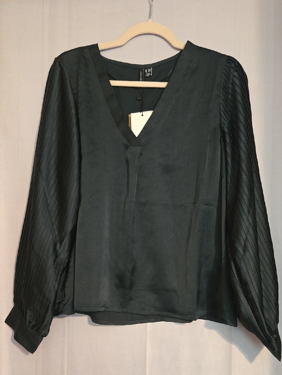 Vero Moda Tops - Vero Moda Dark Green V-Neck Blouse with Pleated Sleeves - Short Story - XLP